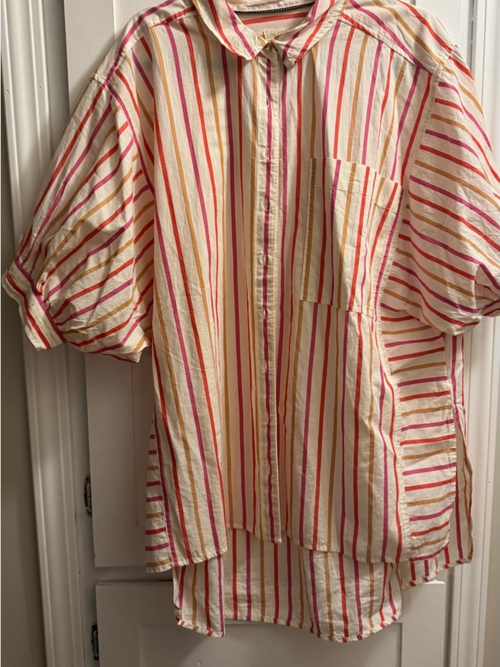 Pilcro Cream Button-Down Shirt with Pink & Orange Stripes - Picture 2 of 8